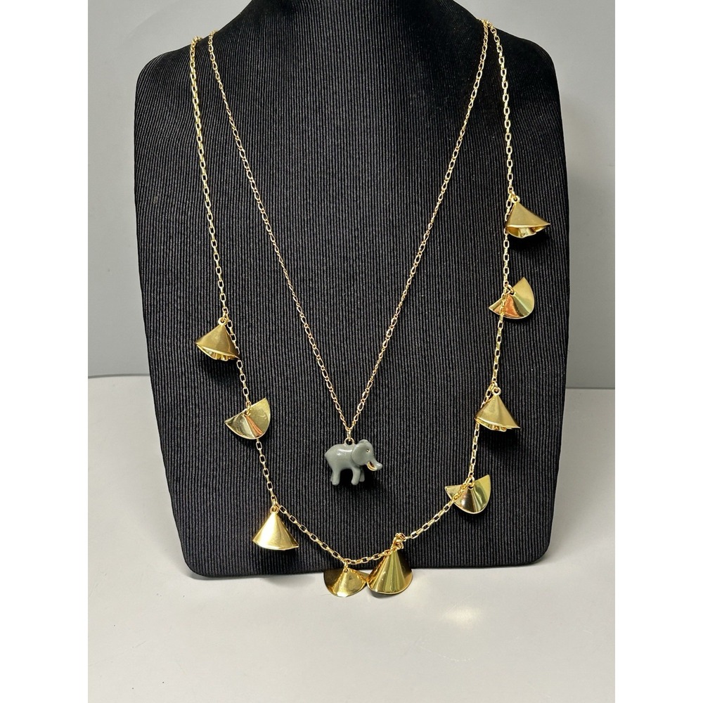 J.CREW Signed Gold Tone Chain W/ Elephant Pendant & Long Statement Necklace Lot